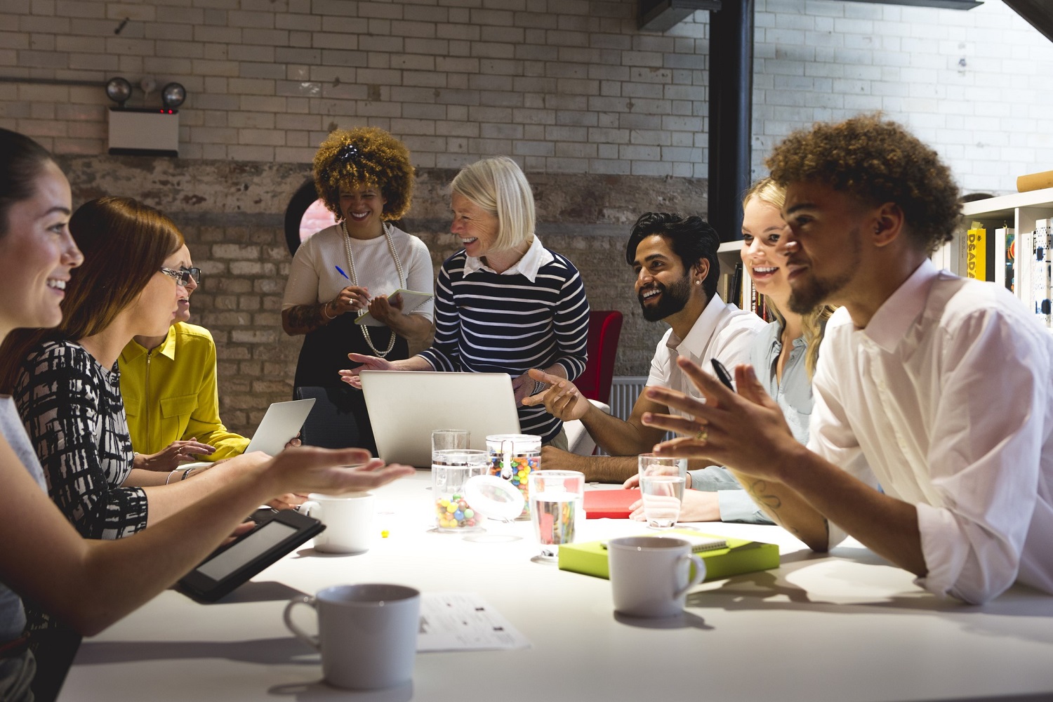 A diverse work team having a meeting.